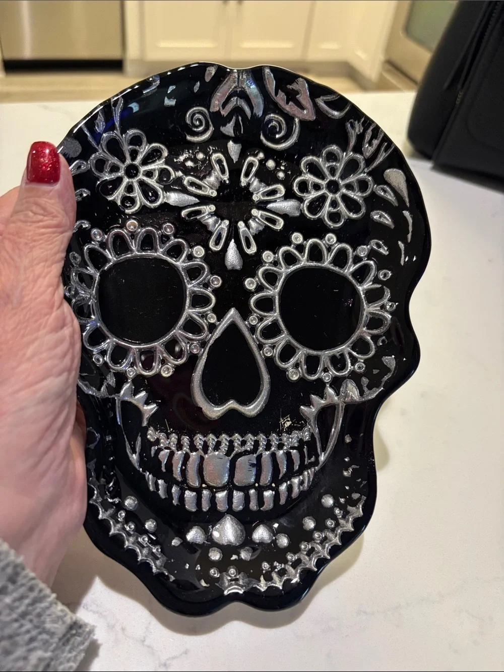 Black Sugar Skull Decorative Dish with Silver Accents